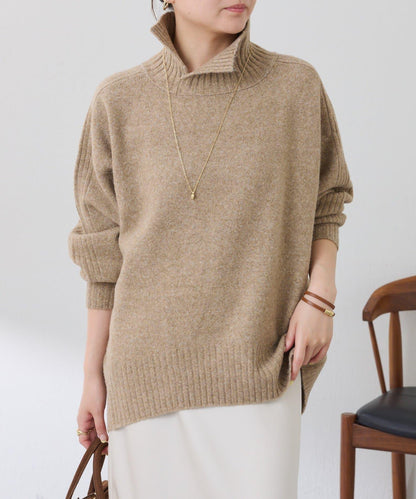 【可水洗針織】羊毛混紡開叉高領針織衫