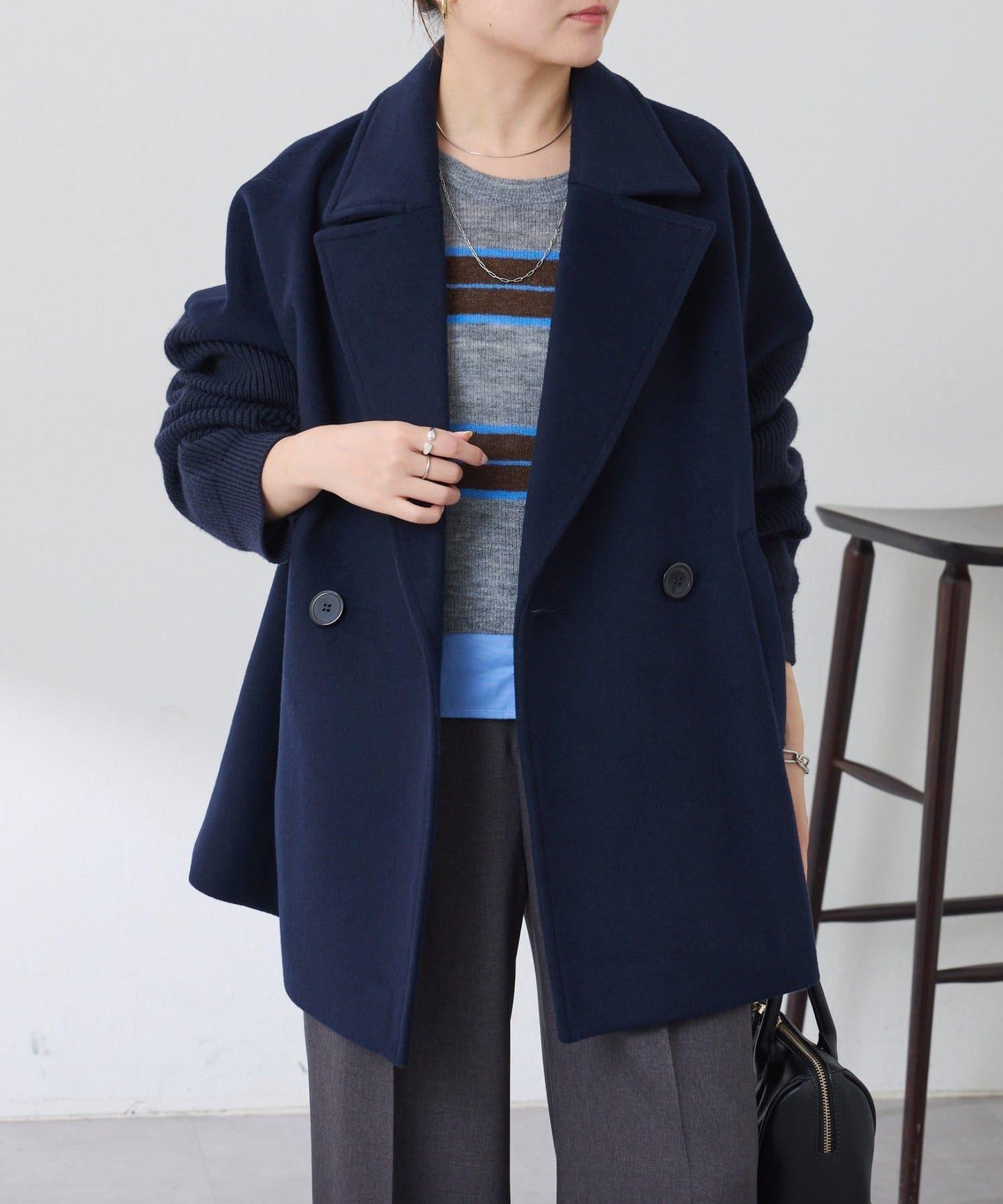 【羊毛混紡】針織袖雙排扣大衣