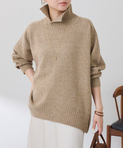 【可水洗針織】羊毛混紡開叉高領針織衫