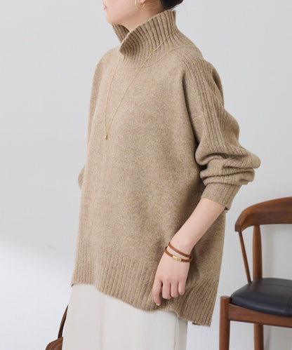 【可水洗針織】羊毛混紡開叉高領針織衫