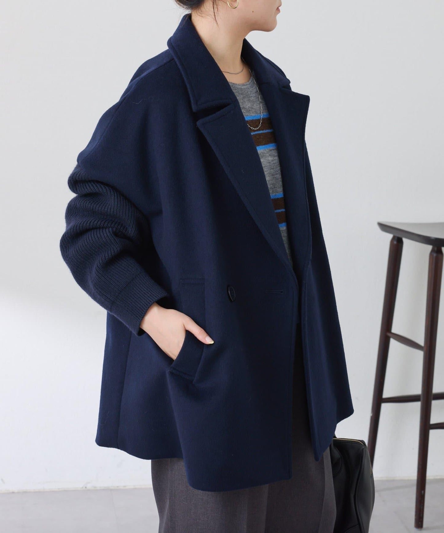 【羊毛混紡】針織袖雙排扣大衣