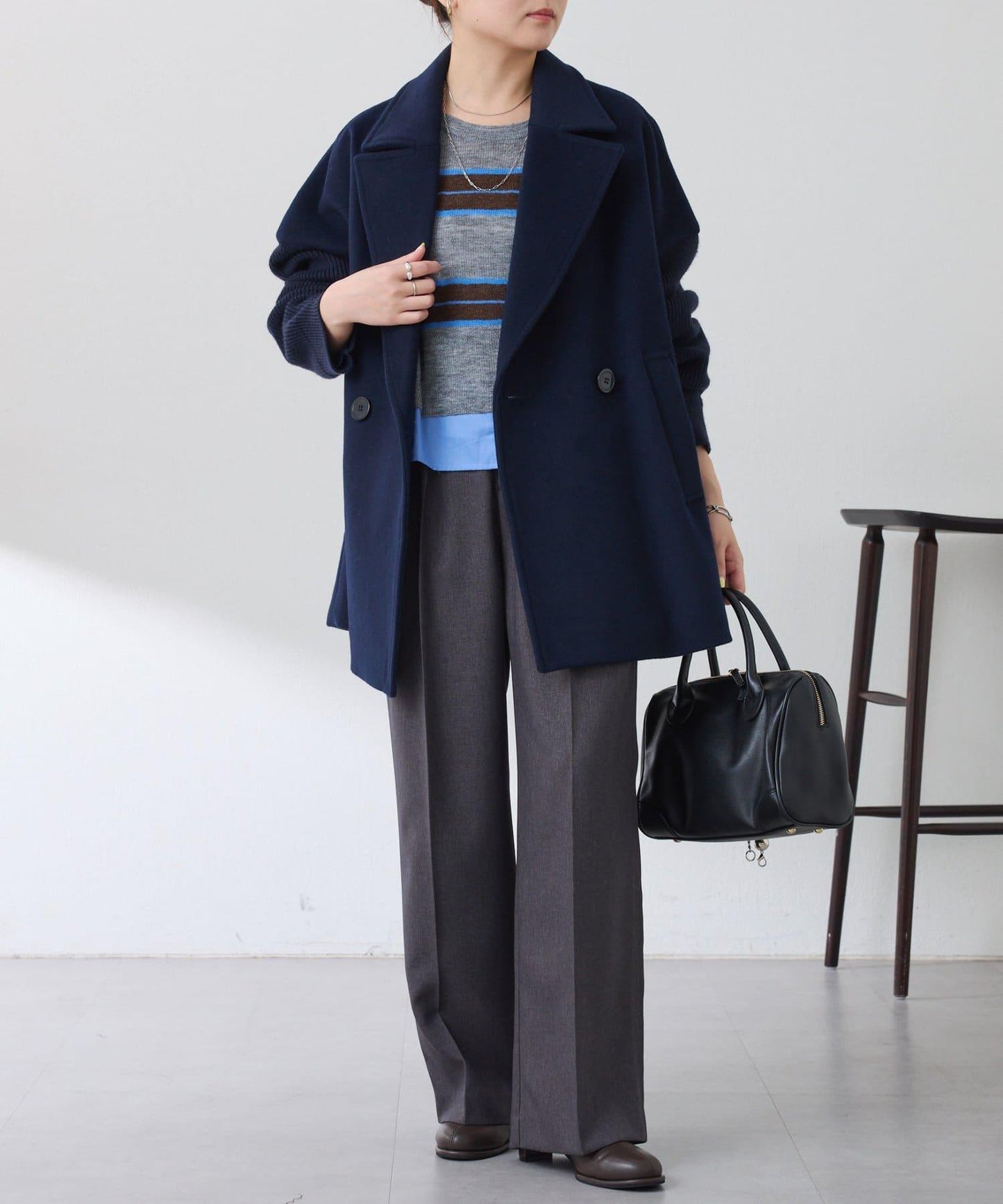 【羊毛混紡】針織袖雙排扣大衣