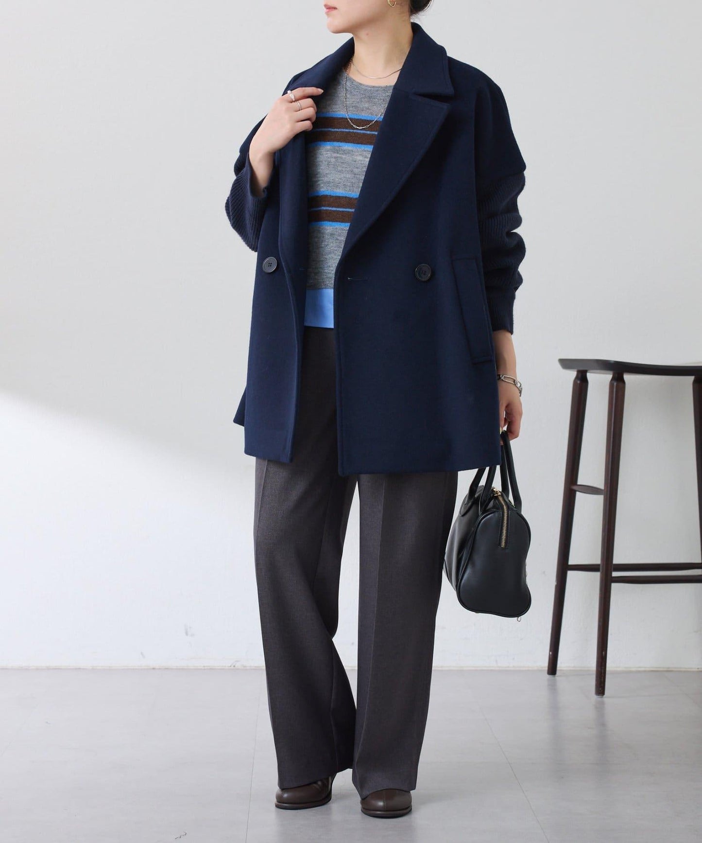 【羊毛混紡】針織袖雙排扣大衣