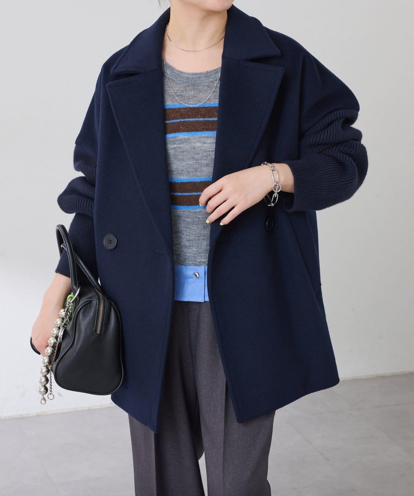 【羊毛混紡】針織袖雙排扣大衣