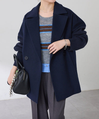 【羊毛混紡】針織袖雙排扣大衣