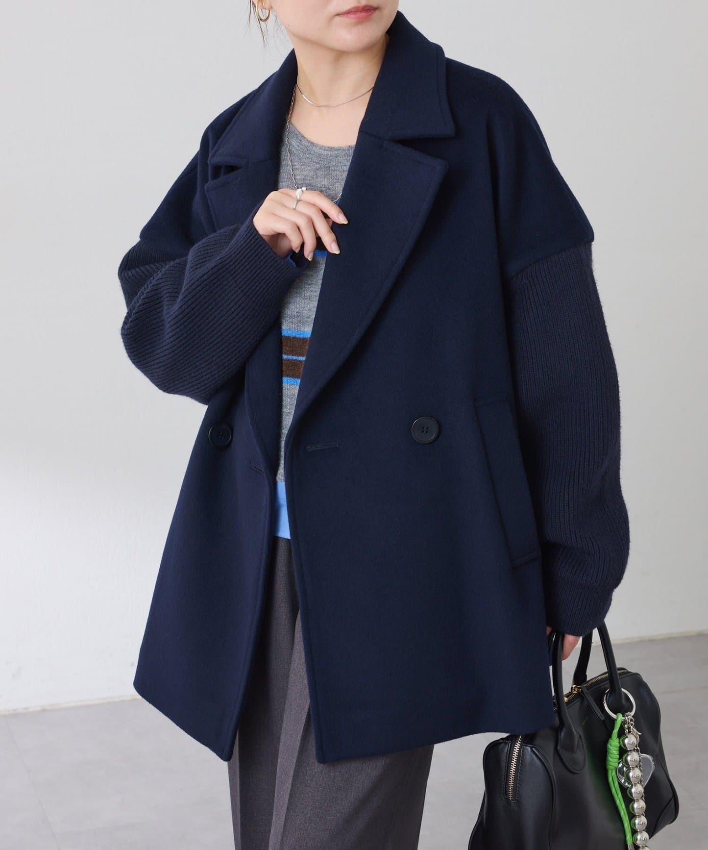 【羊毛混紡】針織袖雙排扣大衣