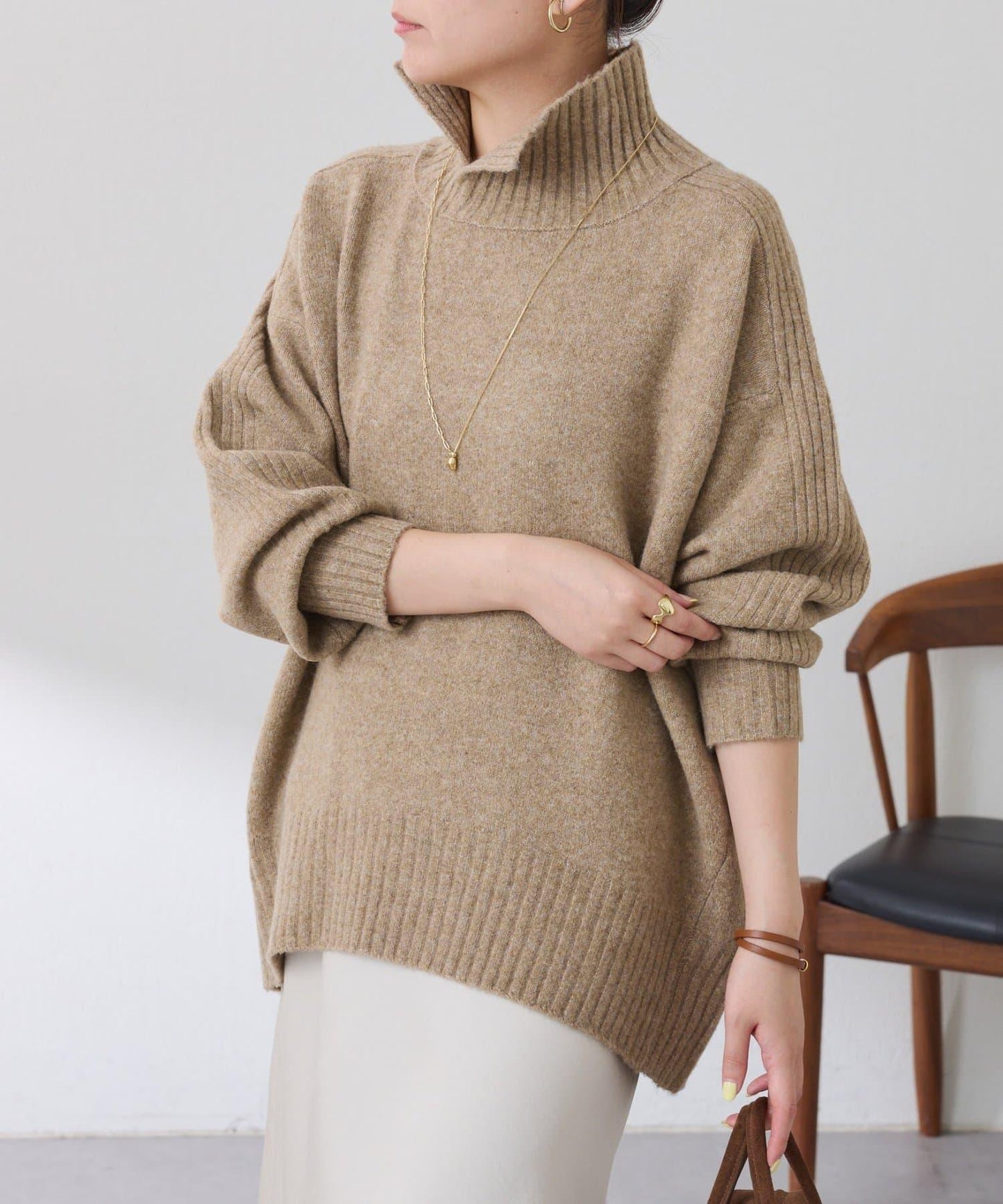 【可水洗針織】羊毛混紡開叉高領針織衫