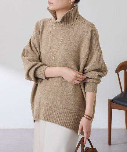 【可水洗針織】羊毛混紡開叉高領針織衫