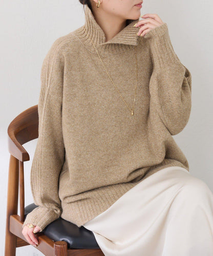 【可水洗針織】羊毛混紡開叉高領針織衫