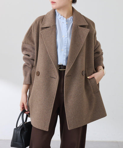 【羊毛混紡】針織袖雙排扣大衣