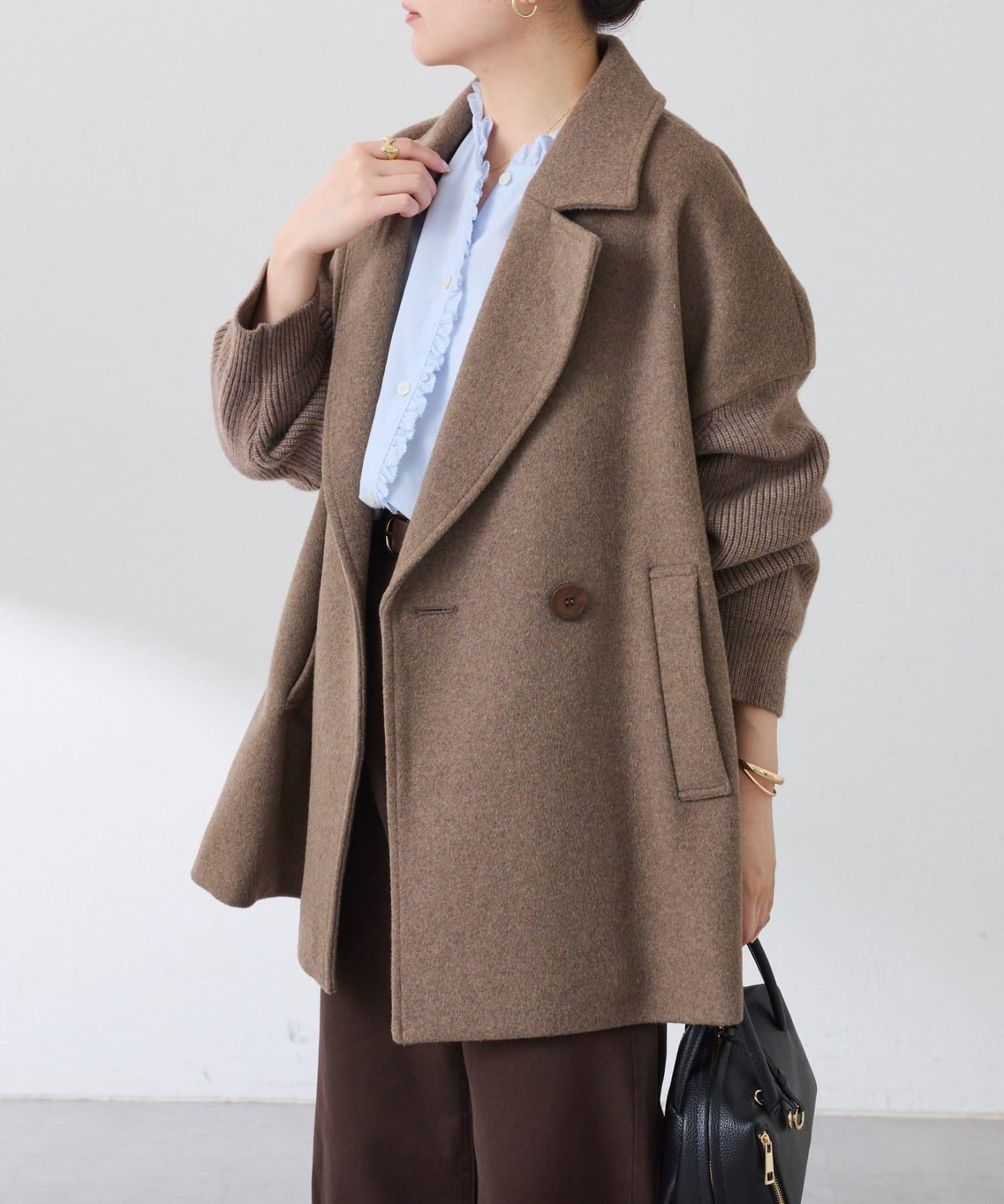 【羊毛混紡】針織袖雙排扣大衣