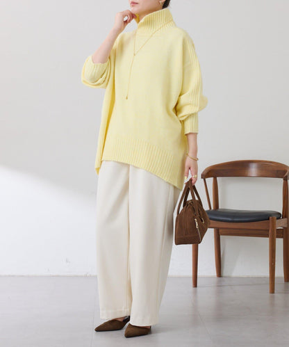 【可水洗針織】羊毛混紡開叉高領針織衫