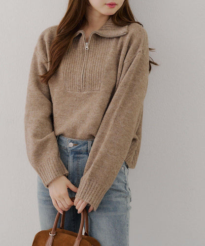 柔軟觸感仿犛牛絨半拉鍊針織衫