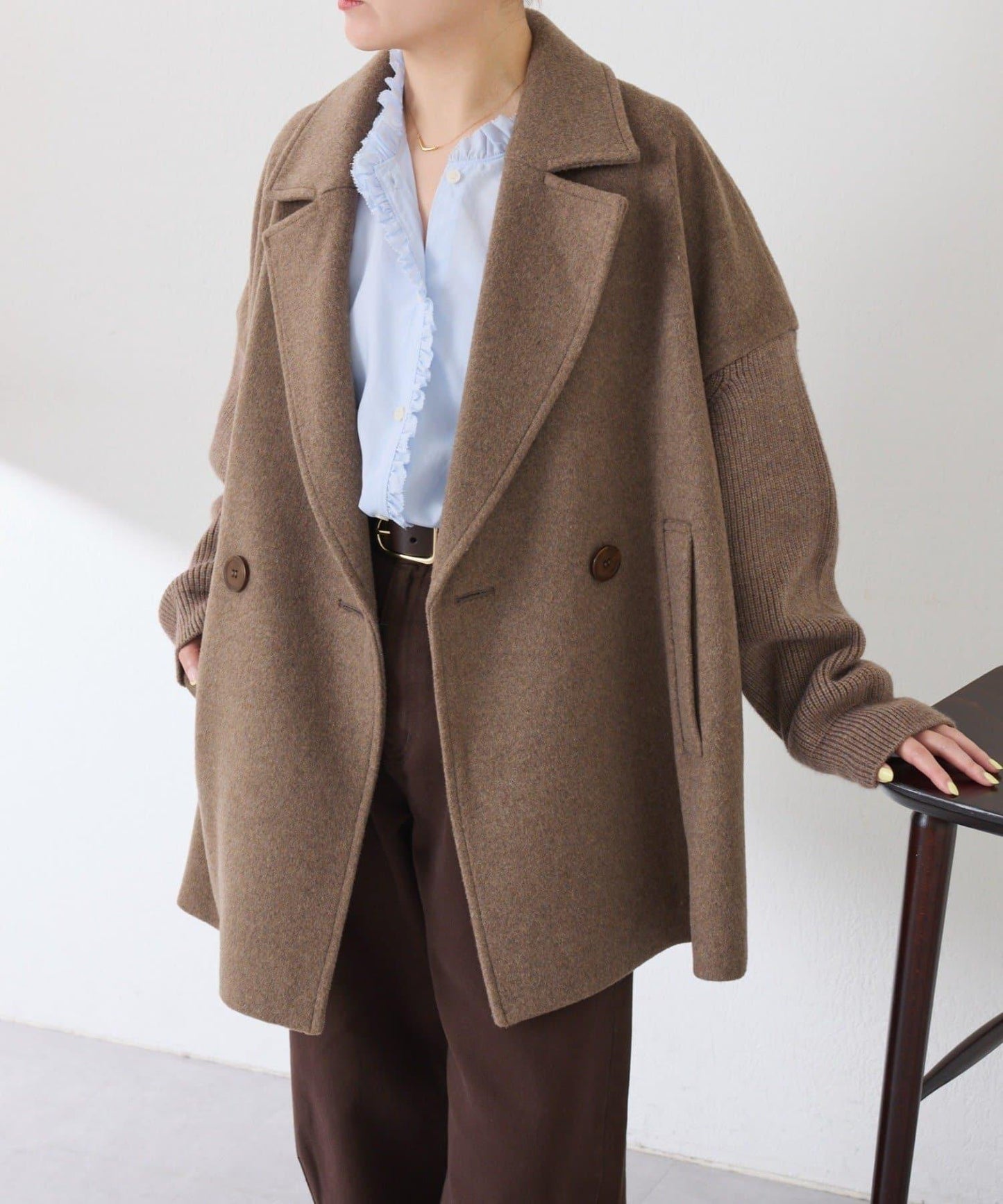 【羊毛混紡】針織袖雙排扣大衣