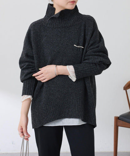 【可水洗針織】羊毛混紡開叉高領針織衫
