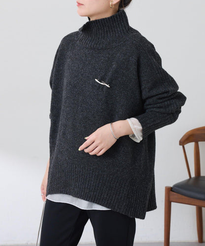 【可水洗針織】羊毛混紡開叉高領針織衫