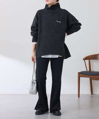 【可水洗針織】羊毛混紡開叉高領針織衫