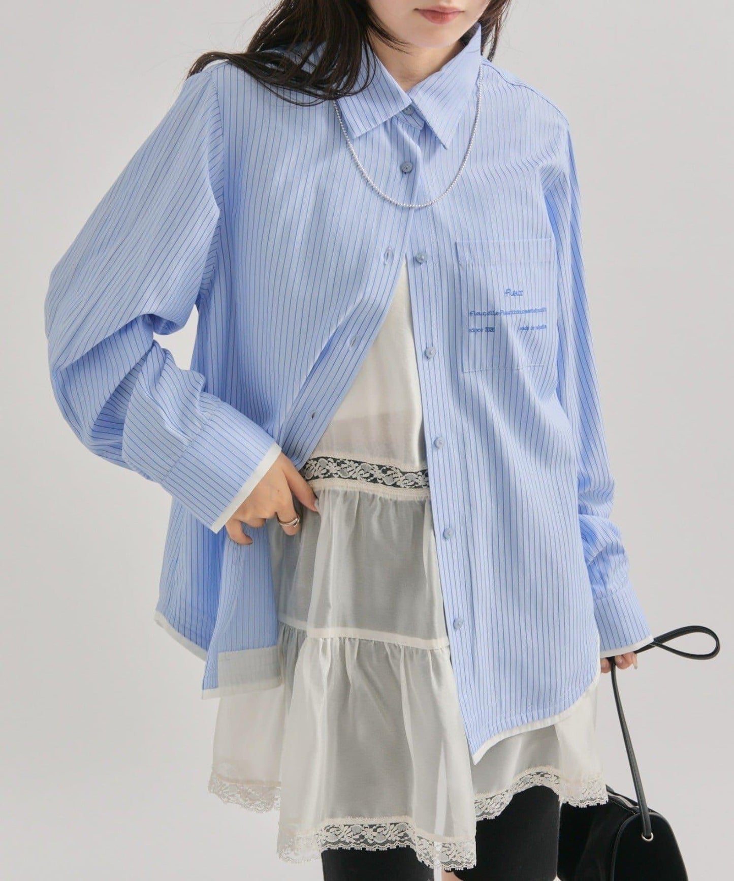 網紗刺繡條紋襯衫