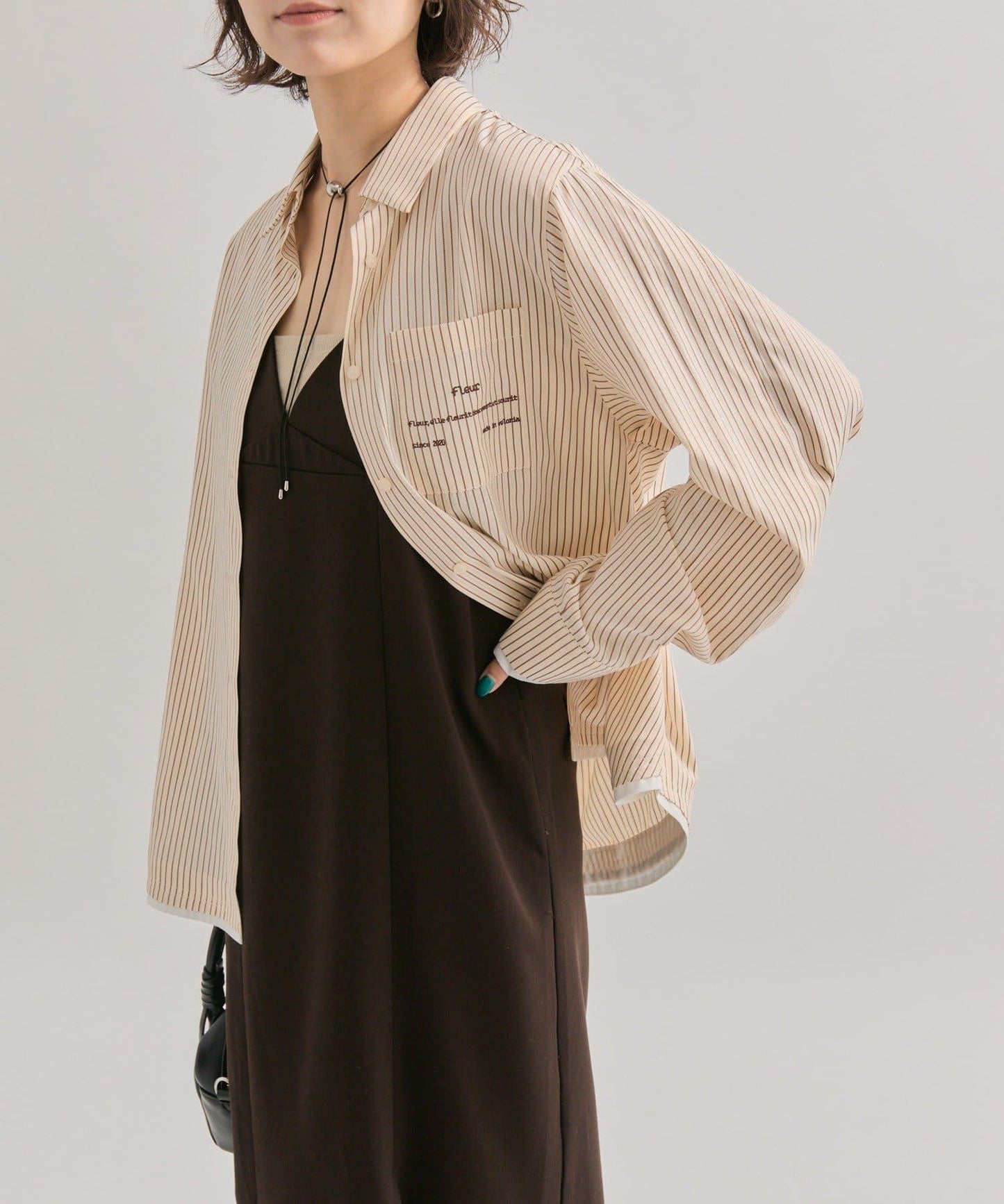 網紗刺繡條紋襯衫