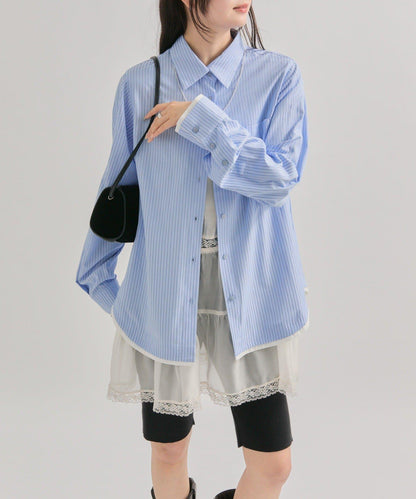 網紗刺繡條紋襯衫