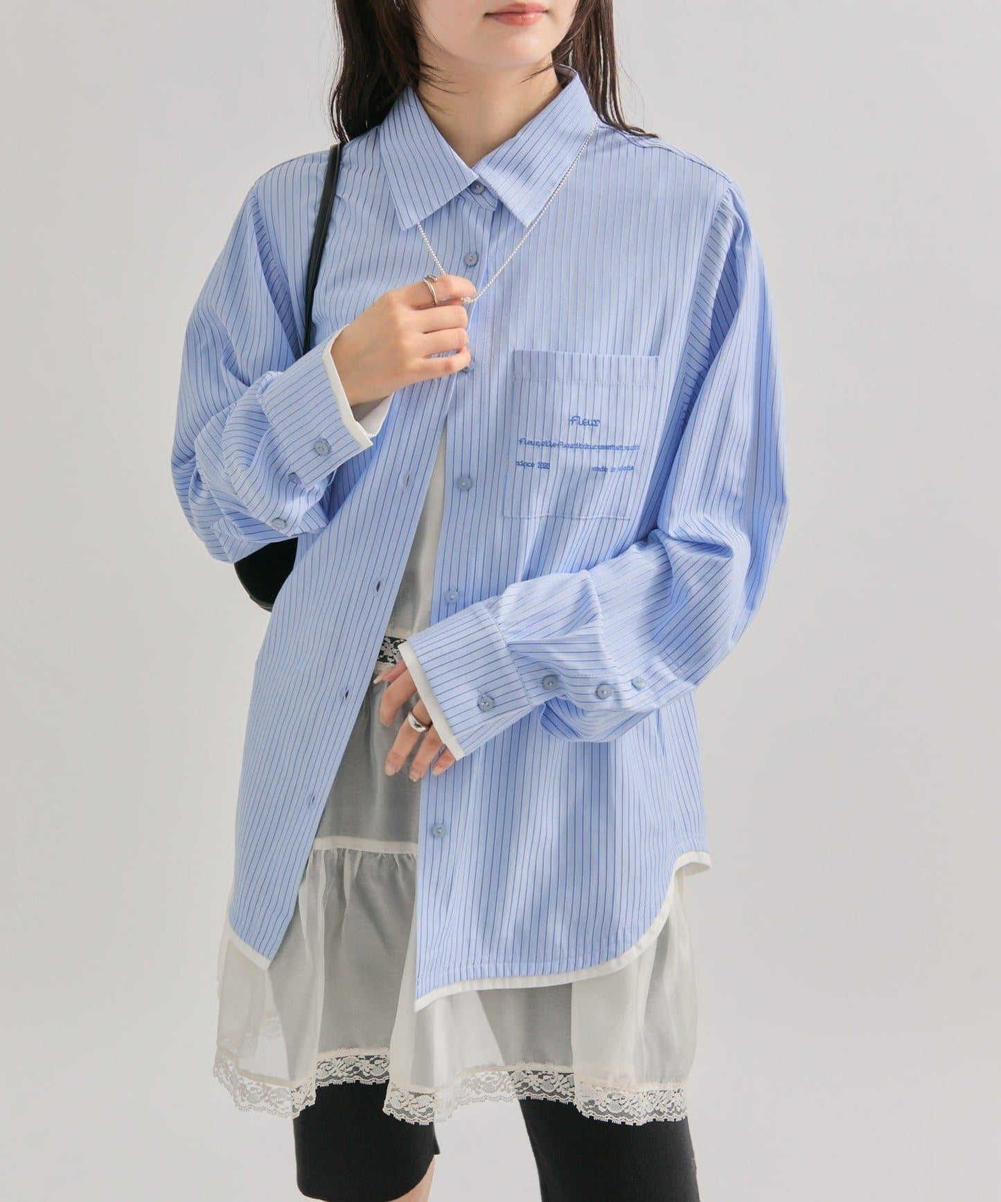 網紗刺繡條紋襯衫