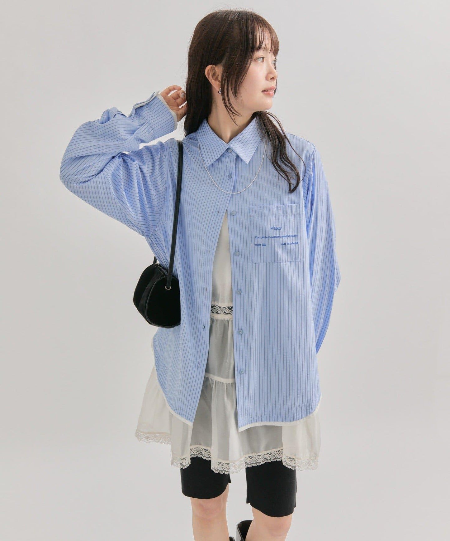 網紗刺繡條紋襯衫