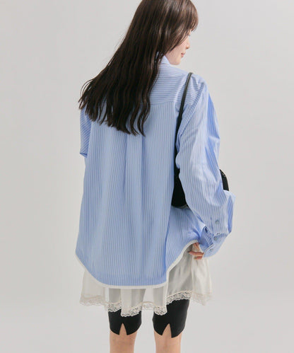 網紗刺繡條紋襯衫