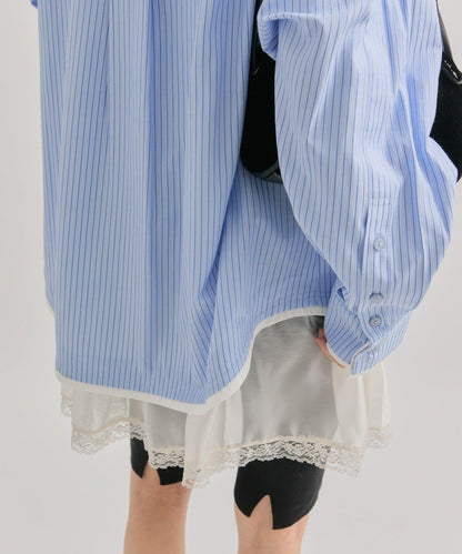 網紗刺繡條紋襯衫