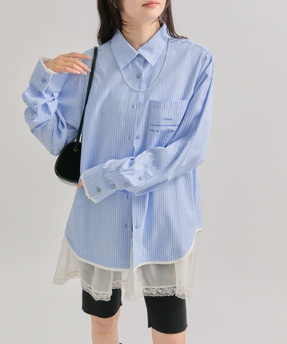 網紗刺繡條紋襯衫