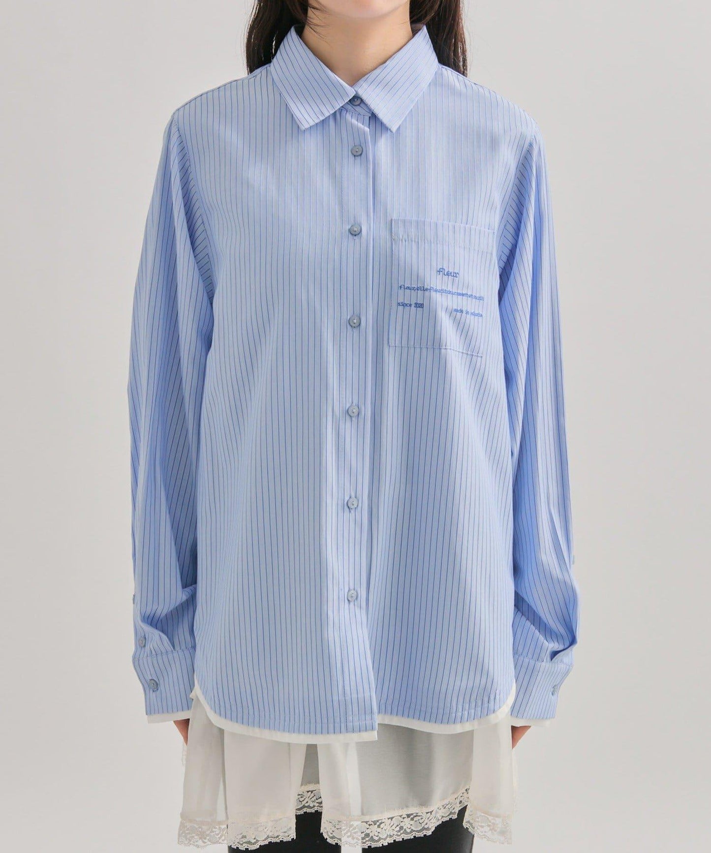 網紗刺繡條紋襯衫