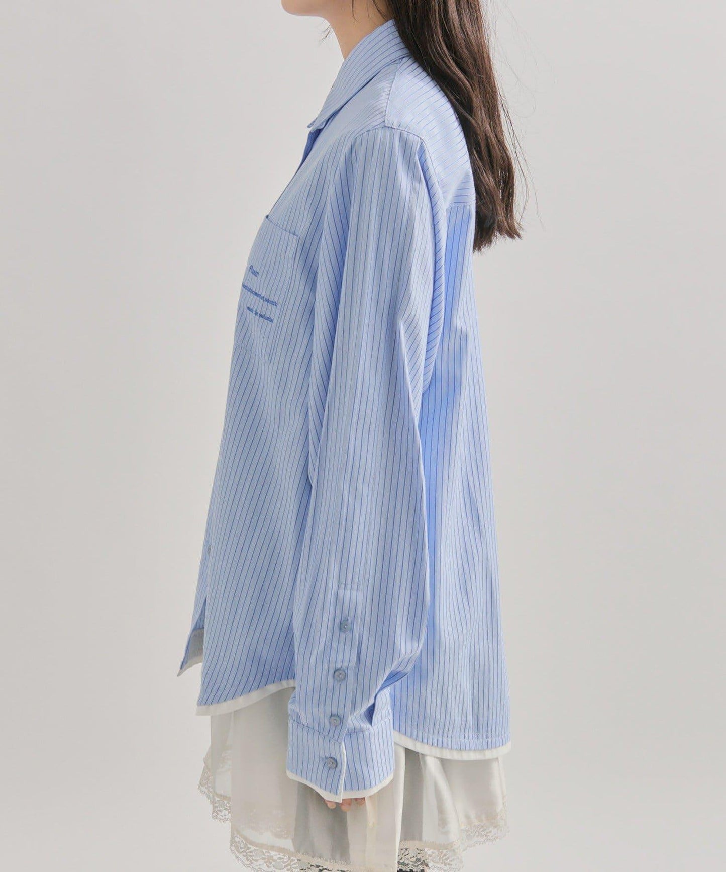 網紗刺繡條紋襯衫