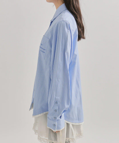 網紗刺繡條紋襯衫