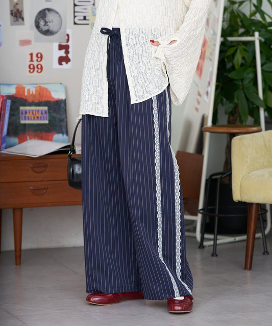 【neutral】細條紋蕾絲休閒西裝褲