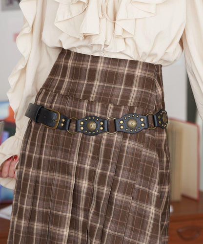 蕾絲拼接格紋百褶中長裙