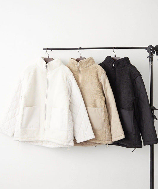 羊羔絨拼接絎縫立領夾克