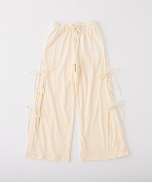 【可成套搭配】側邊蕾絲天鵝絨蝴蝶結長褲