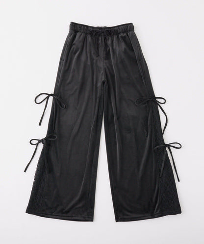 【可成套搭配】側邊蕾絲天鵝絨蝴蝶結長褲