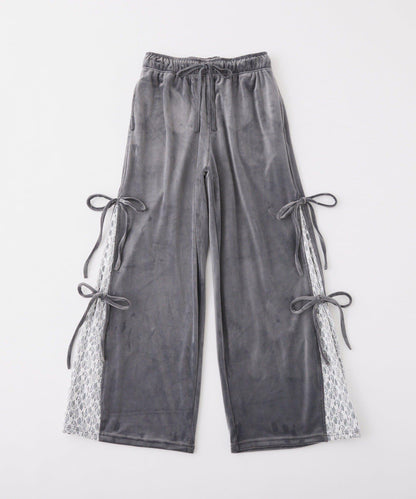 【可成套搭配】側邊蕾絲天鵝絨蝴蝶結長褲