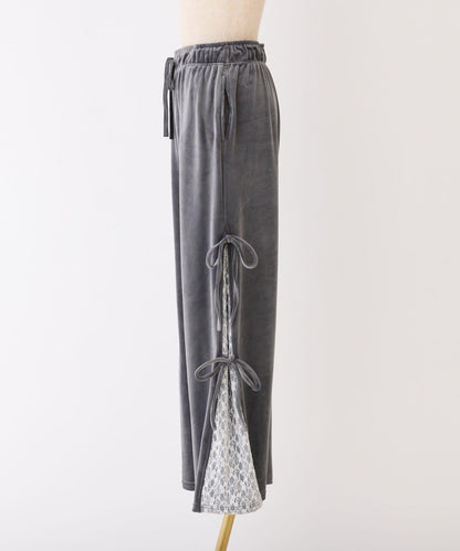 【可成套搭配】側邊蕾絲天鵝絨蝴蝶結長褲