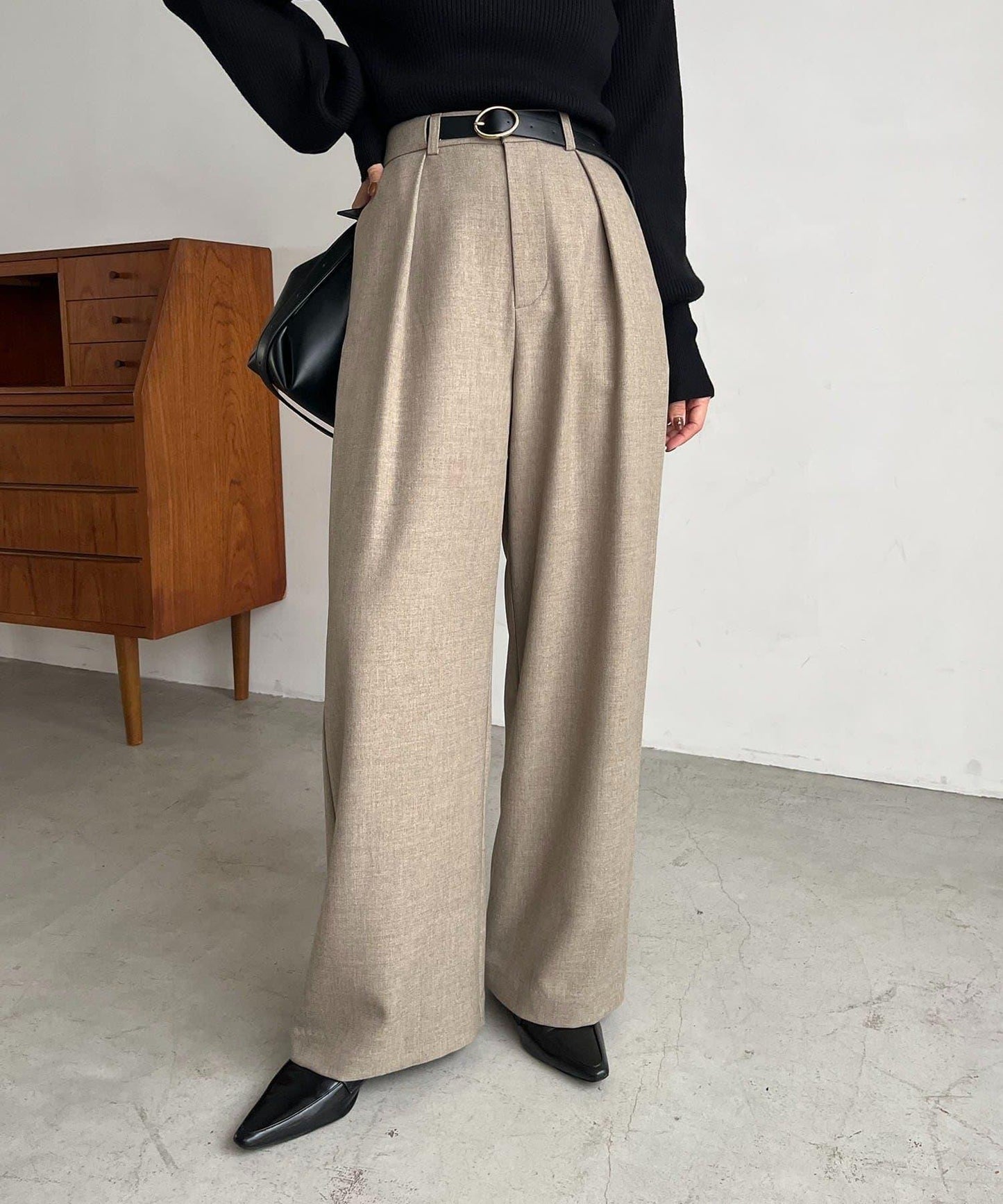 【有小個子尺碼】不對稱腰帶套裝褲