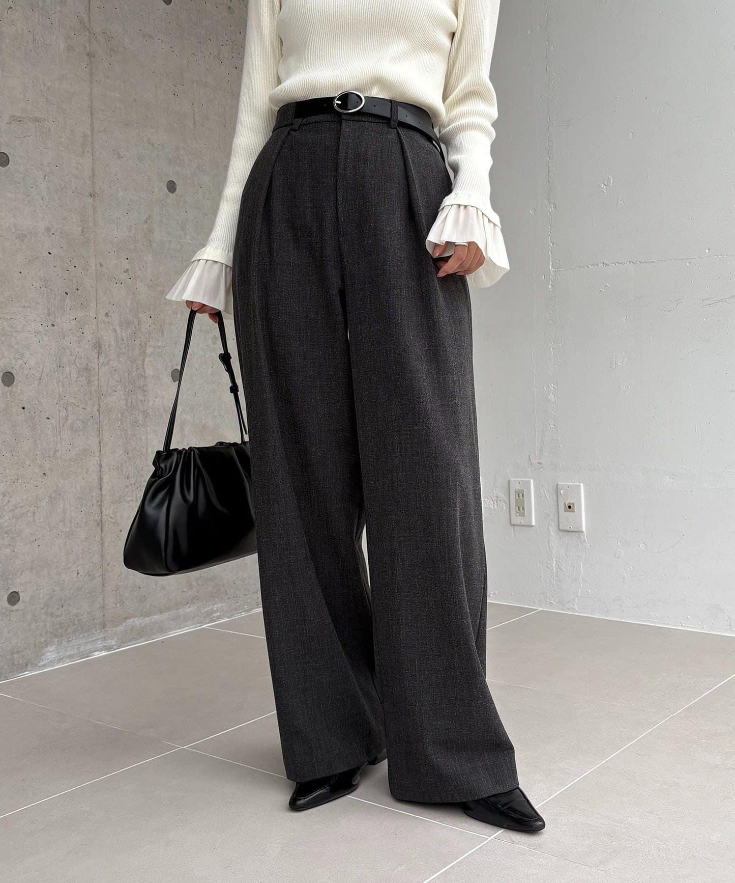 【有小個子尺碼】不對稱腰帶套裝褲