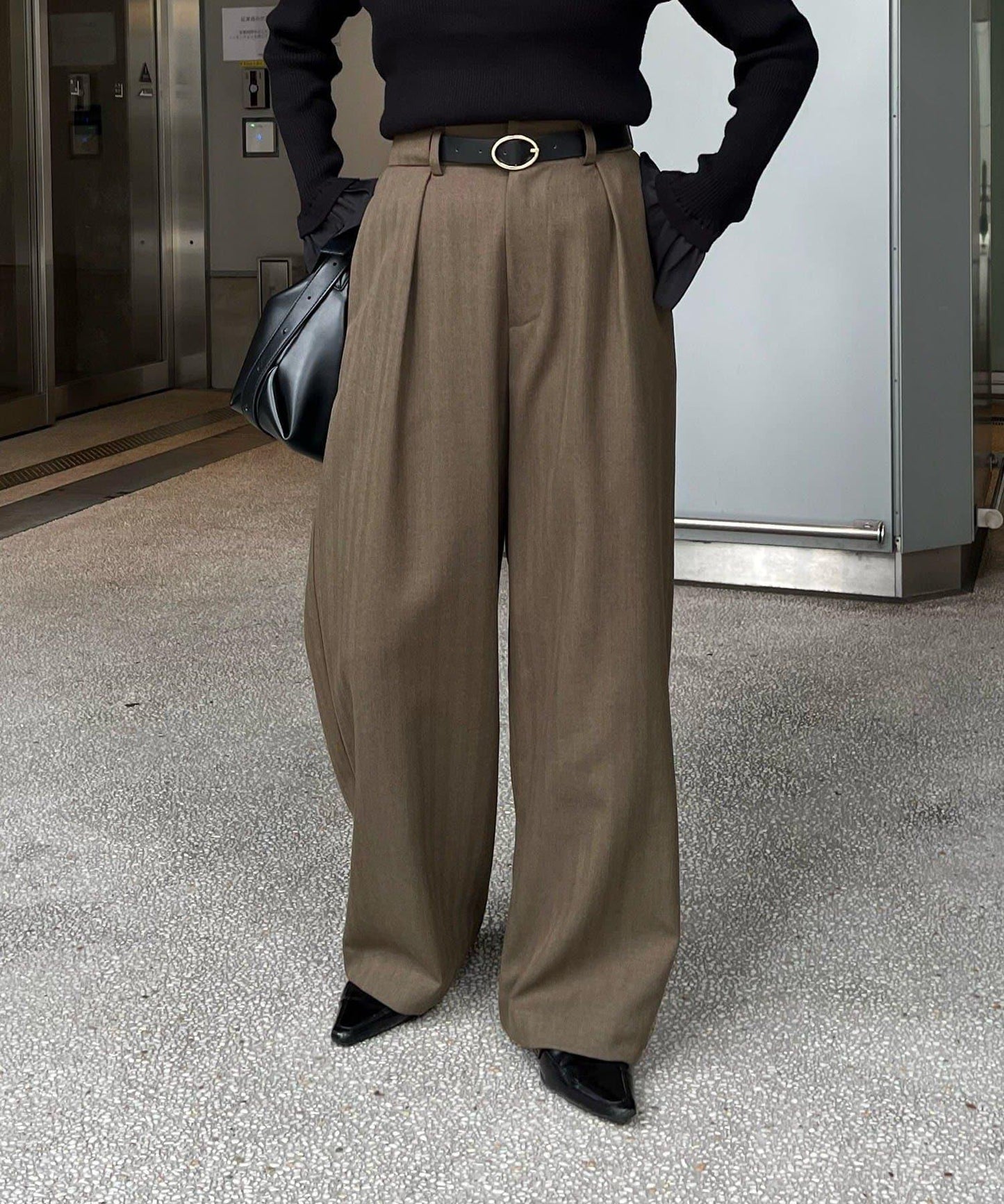 【有小個子尺碼】不對稱腰帶套裝褲