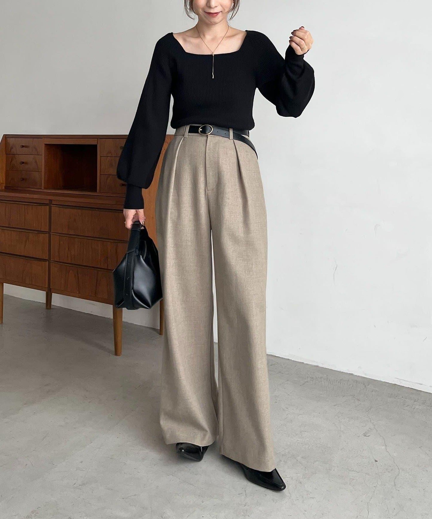 【有小個子尺碼】不對稱腰帶套裝褲