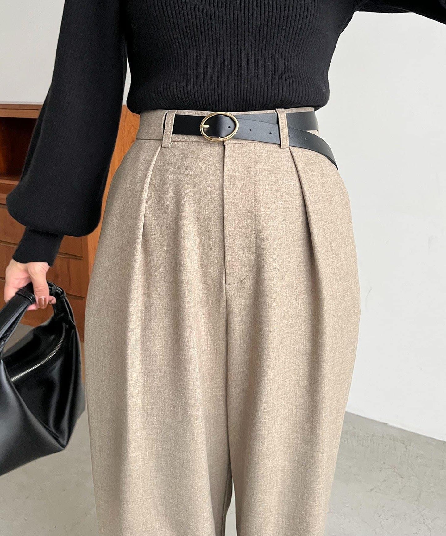 【有小個子尺碼】不對稱腰帶套裝褲