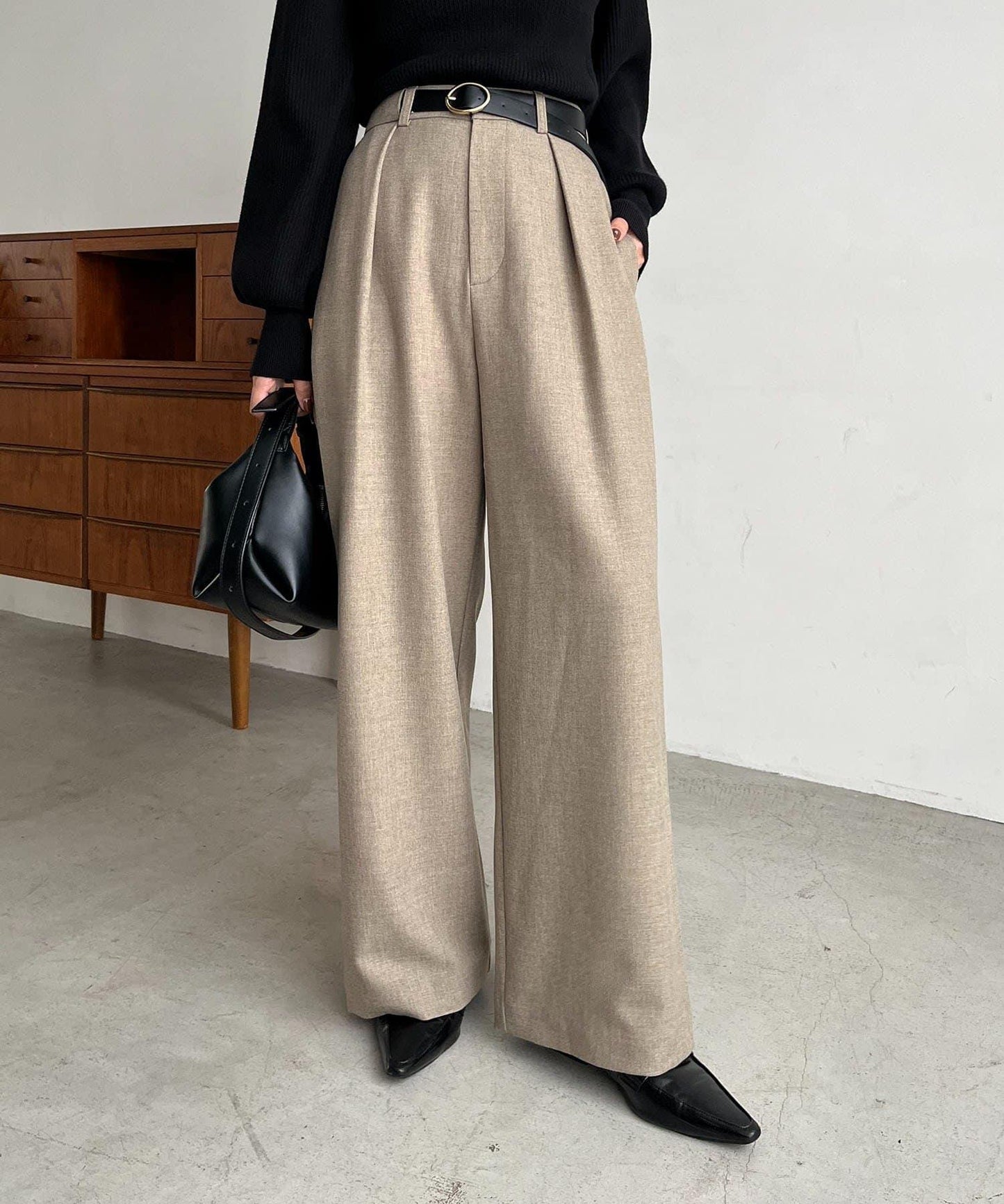 【有小個子尺碼】不對稱腰帶套裝褲