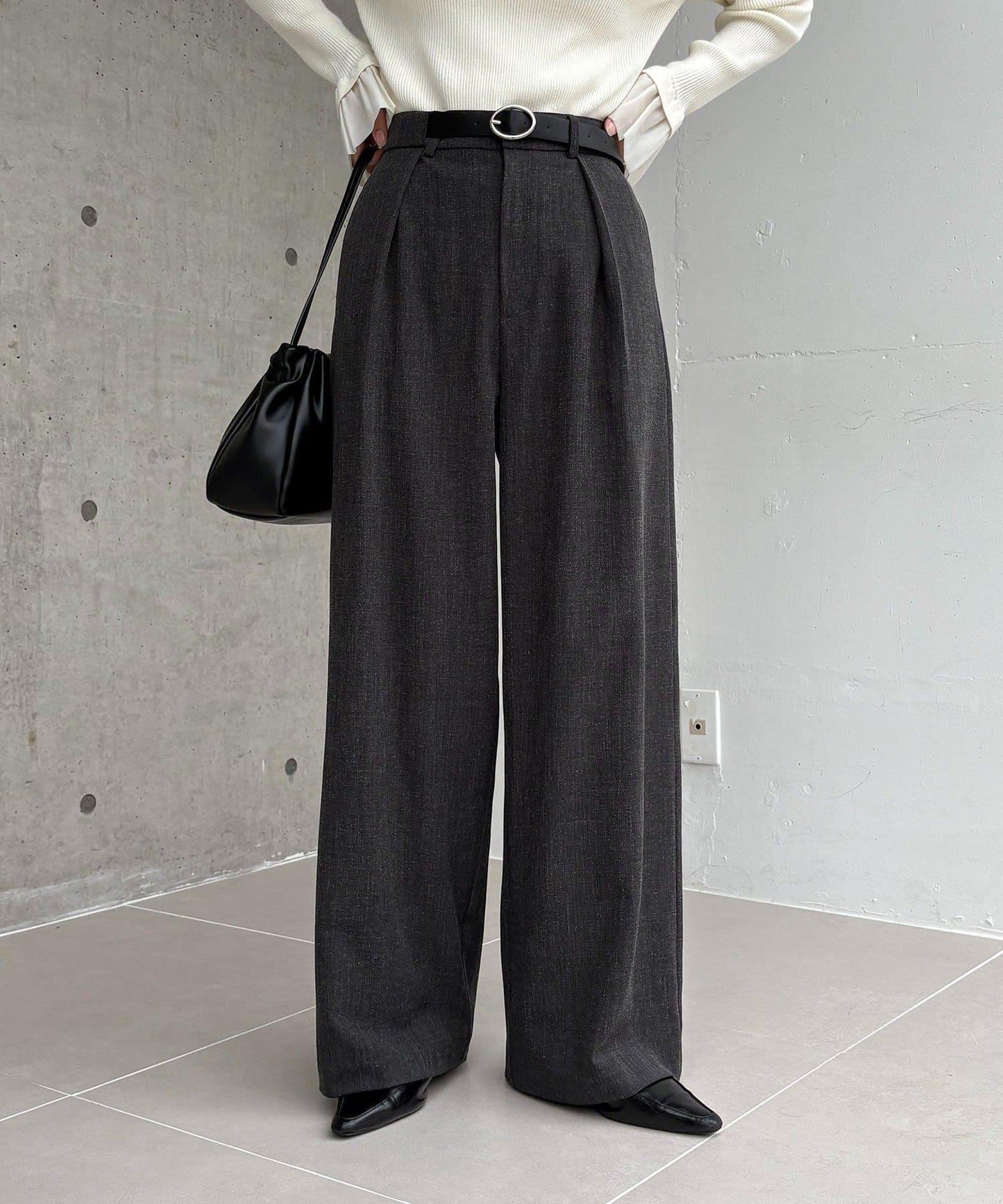 【有小個子尺碼】不對稱腰帶套裝褲