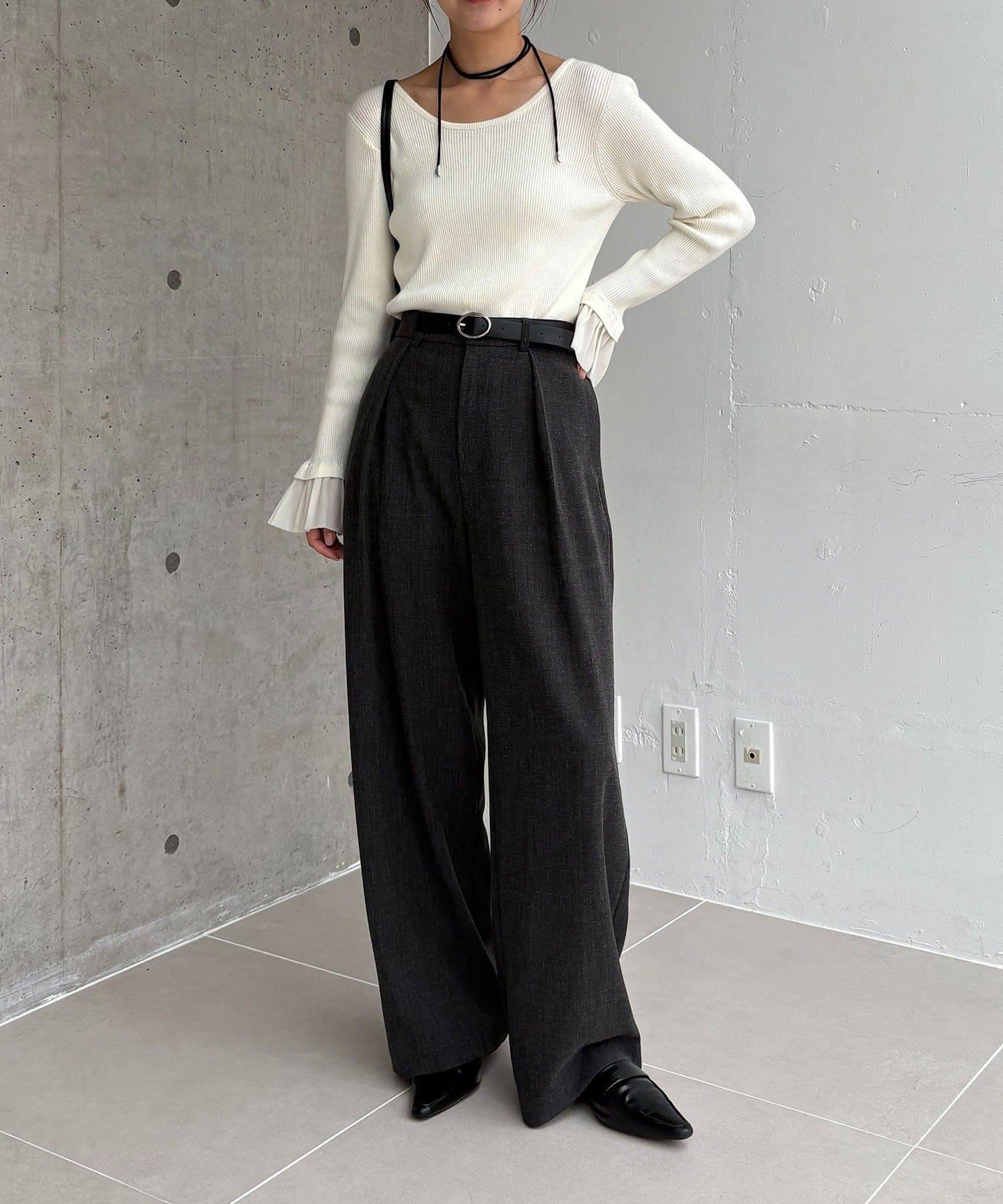 【有小個子尺碼】不對稱腰帶套裝褲