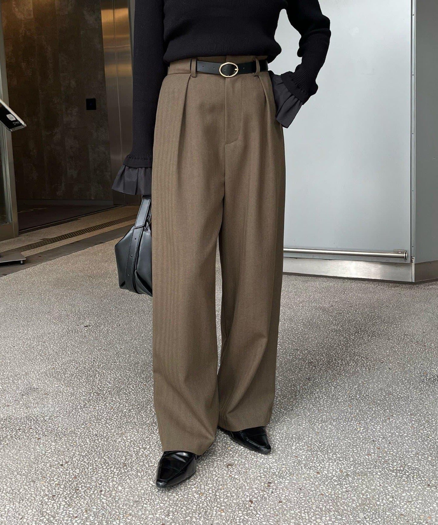 【有小個子尺碼】不對稱腰帶套裝褲