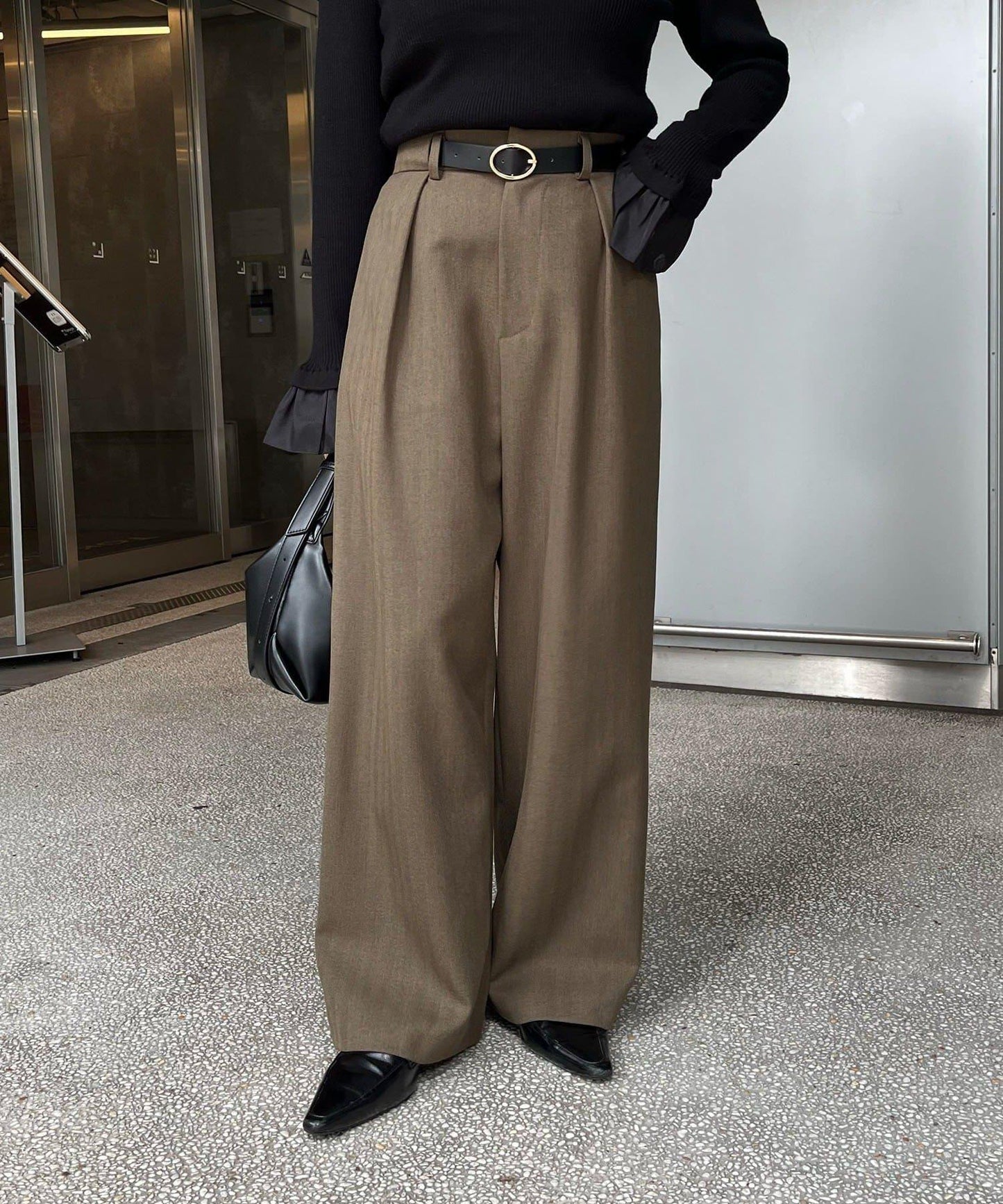 【有小個子尺碼】不對稱腰帶套裝褲