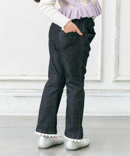 內加絨愛心・花朵口袋喇叭褲 十分褲